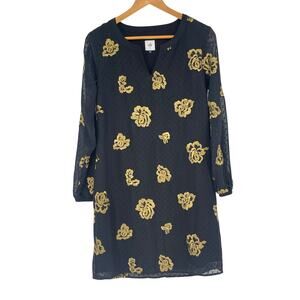 CAbi Bouquet Dress Style 3697 Swiss Dot Embroidered Floral Black Gold XS Cottage